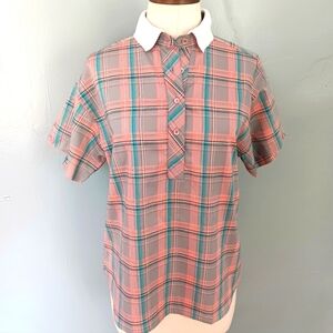 Vintage 70s Levi's cotton/poly half button plaid polo slip on blouse. Size 14.